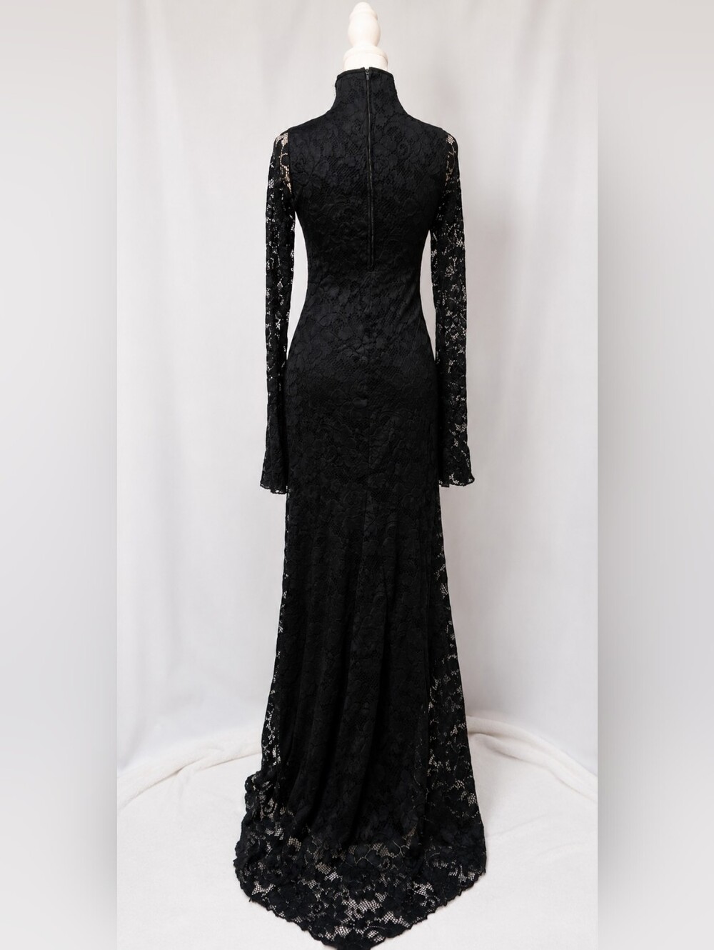 Vintage Lip Service Black Lace Goth Maxi Dress Lace-Up Front Bell Sleeve Size L - Picture 3 of 13